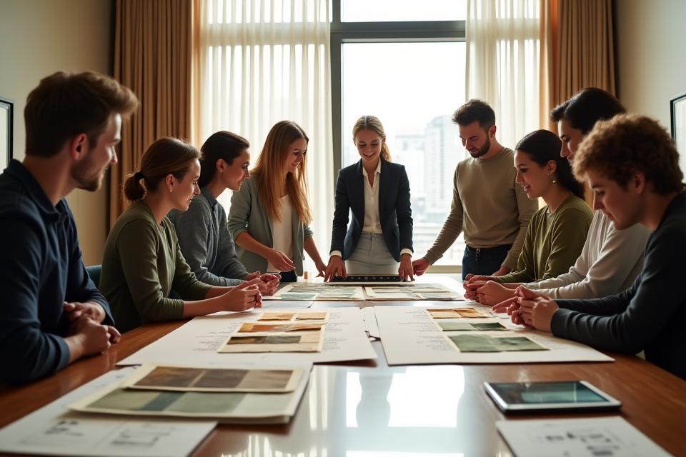 A diverse team collaborating in a modern, well-lit office, with textile samples and technology mockups on a table, representing Woven Rooms' values