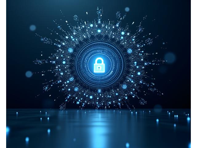 Abstract visualization of interconnected security protocols and data privacy compliance for AI in hospitality