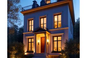 Elegant boutique hotel exterior at dusk