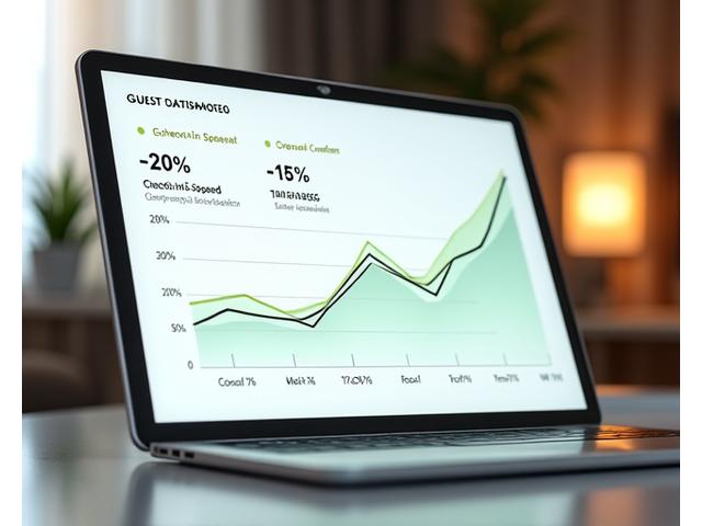 A dashboard display showing positive guest satisfaction metrics, including higher ratings for check-in speed and overall convenience, with upward trending graphs.