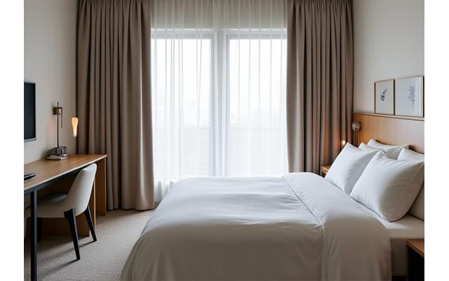 Plain, uninspired hotel room with generic bedding and drapes