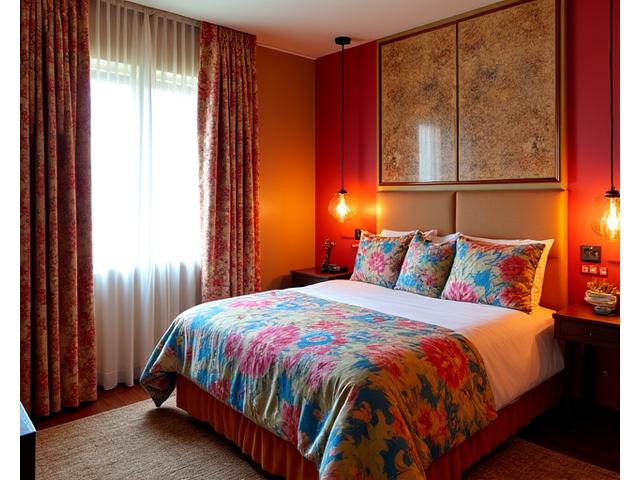 Boutique hotel guest room with custom vibrant floral print bedding and velvet drapes