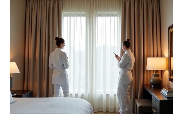 Professional installers carefully hanging custom drapes in a luxury hotel room