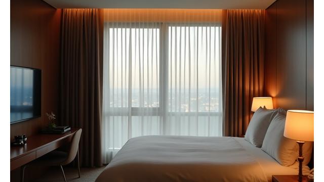 A hotel room automatically dimming lights and closing drapery as a guest exits, reflecting energy-saving automation.