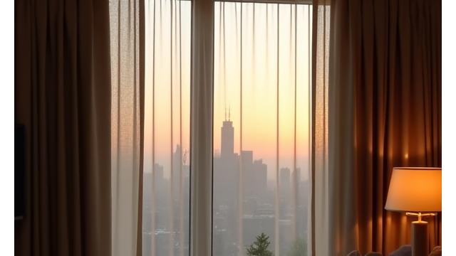 Luxurious motorized drapery gracefully opening in a well-appointed hotel room, revealing a scenic city view.