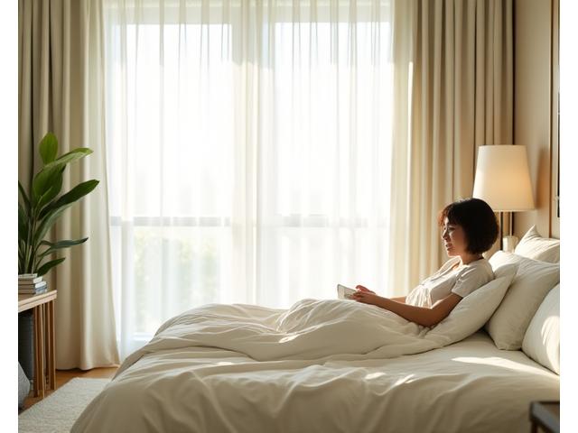 Guest enjoying a serene, well-lit hotel room with natural light and organic textiles.