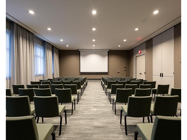 Before and after of a hotel conference center, showing new acoustic and durable textiles