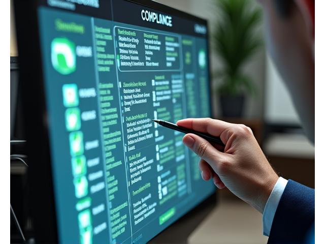 Close-up of a consultant's hands pointing at a digital textile compliance matrix on a screen, with regulatory documents in the background