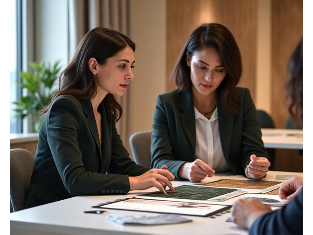Woven Rooms lead textile consultant reviewing fabric swatches with a hotel designer on a tablet, showcasing expertise