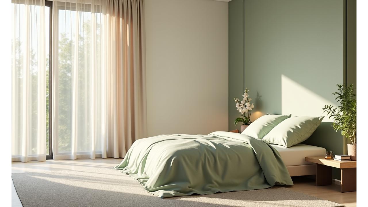 A serene, impeccably designed hotel wellness suite featuring soft, natural fiber bedding, elegant drapes, and plush area rugs, all in calming, earthy tones, with abundant natural light.